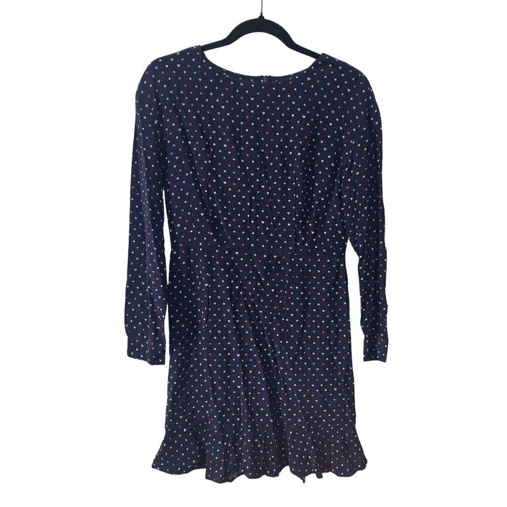 Oliver Bonas Women's Colorful Polka Dot Dress Size 8 Navy Blue Mini Ruffled Hem